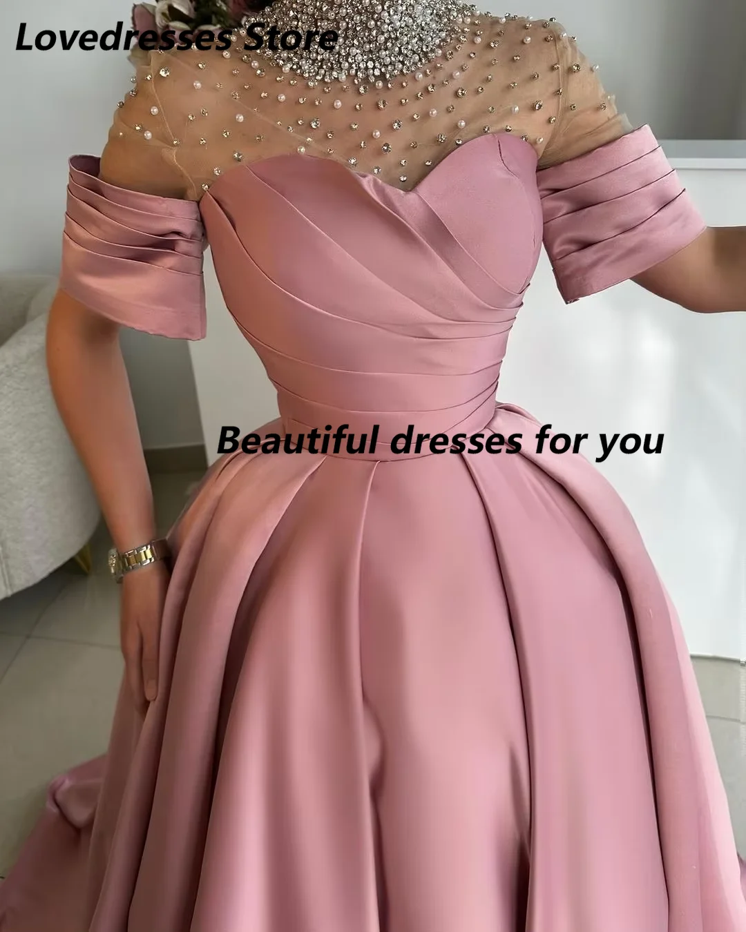 Customized Pink High Neck Beading Evening Dresses Short Sleeves Prom Dresses Pleated Long Party Dresses vestidos de novia