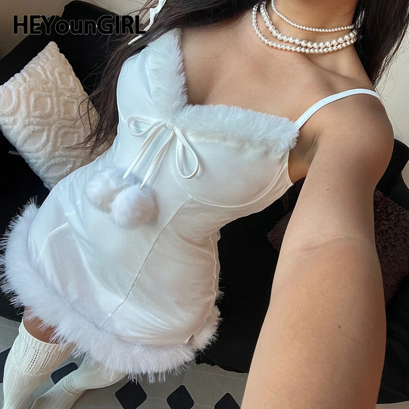 HEYounGIRL Fur Trim Pom-Pom Spaghetti Strap Dress White Sexy Party Christmas Style Women Short Dresses Aesthetic Club Outfits