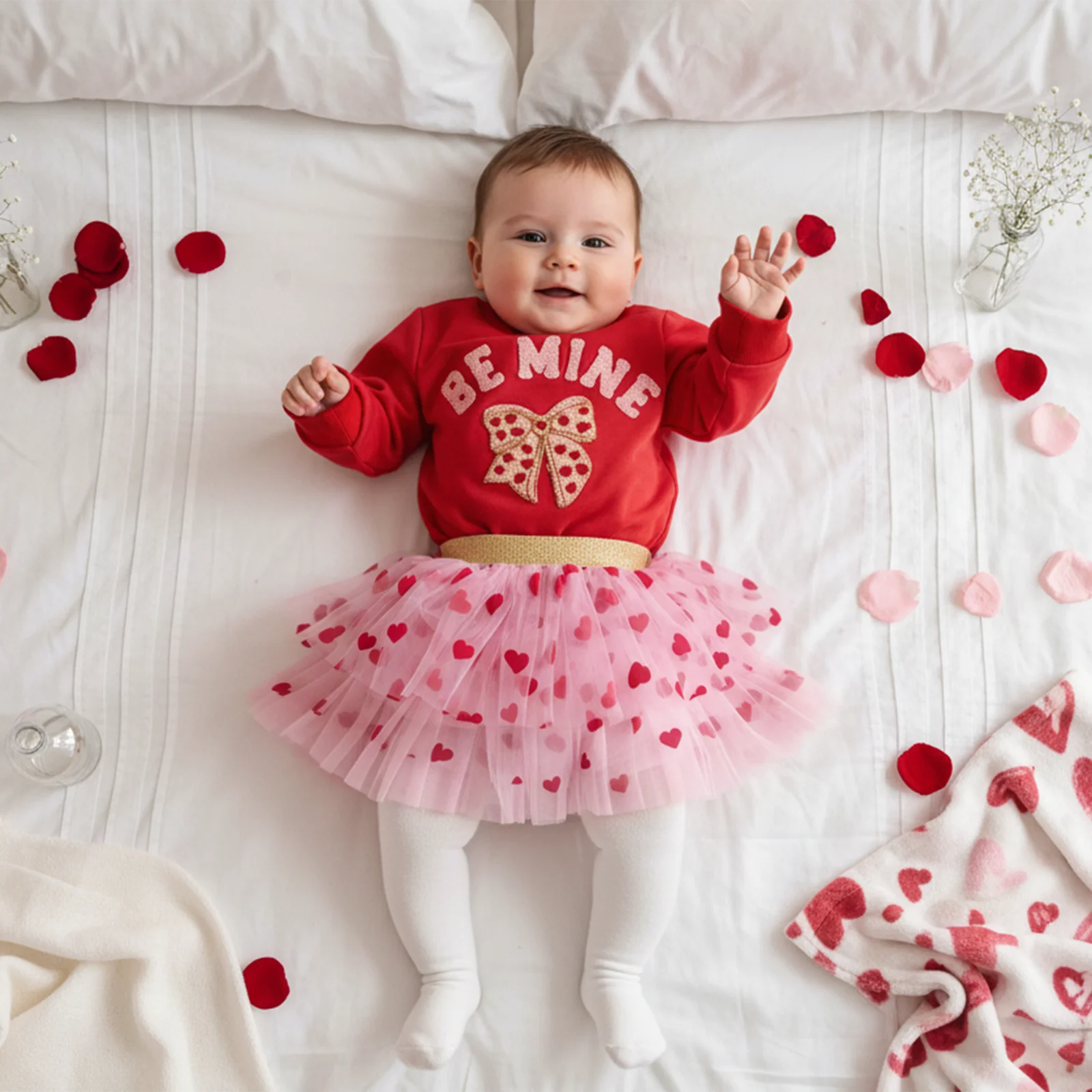 Toddler Baby Girl Valentines Outfit Letter Bow Embroidered Long Sleeve Sweatshirt and Love Heart Print Mesh Skirt 2 Pcs Set