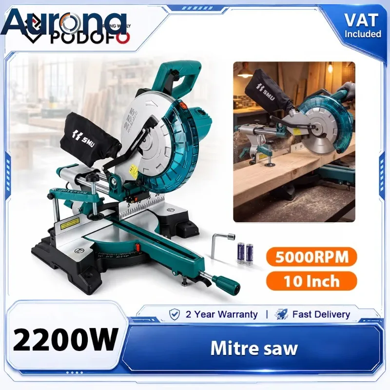 【Industrial】Podofo 10 Inch 2200W Sliding Compound Miter Saw 7255G 5000RPM Multi-Angle Bevel Cutting 255mm Blade Wood Metal Alumi