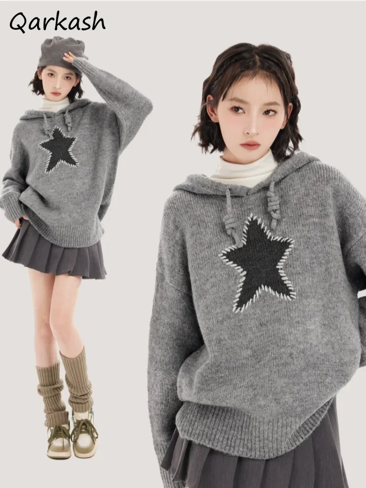 Knitted Hooded Pullovers Women Sweaters Outerwear Star Pattern Sweet Lovely Design Loose Cozy Warm Autumn Korean Fashion Casual