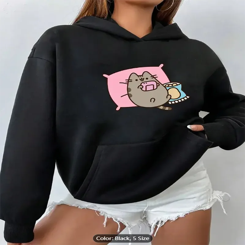 

Женская серая толстовка с капюшоном Cat Eating Snack и графическим принтом, повседневная негабаритная толстовка с капюшоном на шнурке для любителей кошек из чистого хлопка