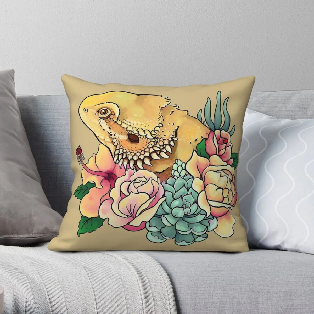 Pastel Bearded Dragon Square Pillowcase Polyester Linen Velvet Creative Zip Decorative Pillow Case Bed Cushion Case 18