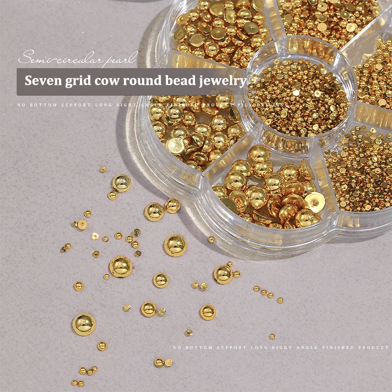 7er-Set gemischte Größen weiße halbrunde Perlen mit flachem Boden, Silber-Gold Nagelkunst-Deko, DIY Maniküre-Zubehör