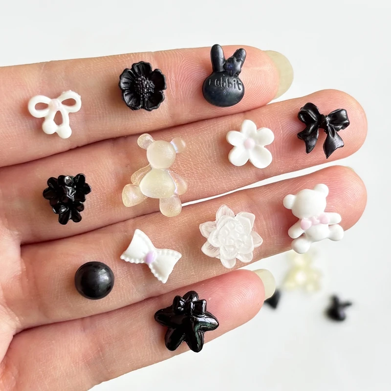 55 pieces of mixed resin mini black bow white teddy bear rhinestone DIY nail art 3D decoration A154