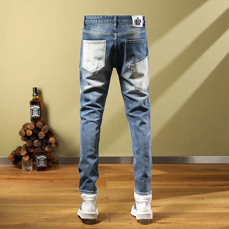 2022 Trendy fashion patch trend jeans for men slim casual scraped stretch pants feet  men jeans  ripped jeans