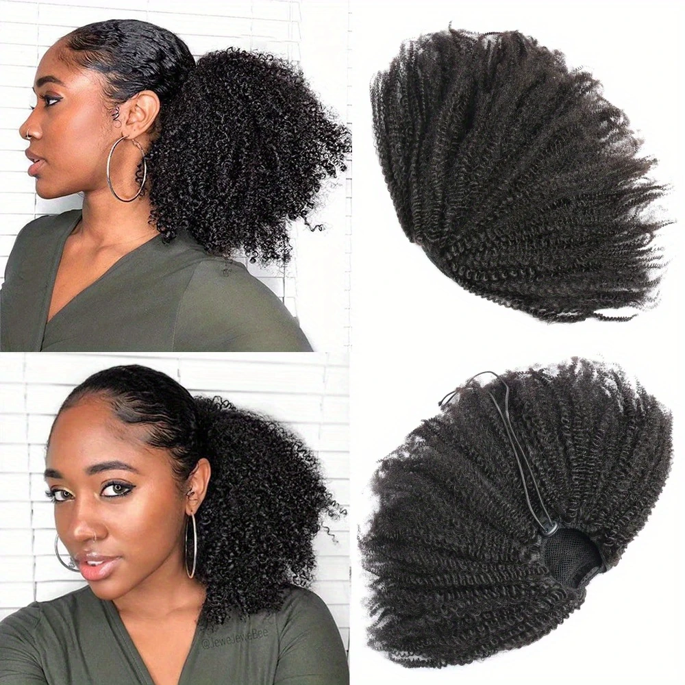 Clips de cabello humano en cola de caballo con cordón, cola de caballo larga y rizada con cordón para mujer, pelo de cola de caballo rizado negro de 8-26 pulgadas