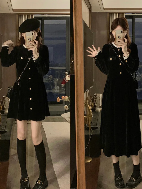 

Черное бархатное мини-короткое платье с длинными рукавами и французским небольшим ароматом для женщин, осеннее облегающее платье трапециевидной формы в стиле Харадзюку в стиле ретро