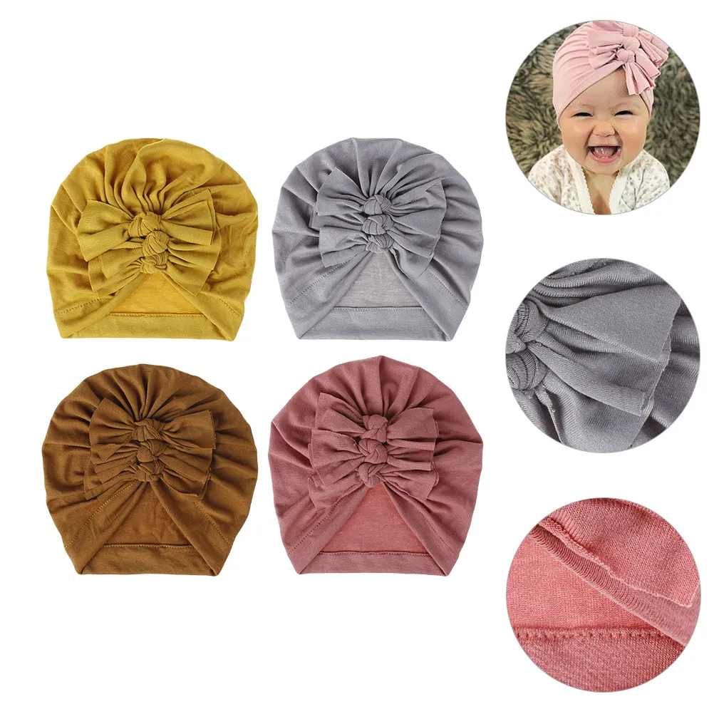 

4Pcs Baby Hats Cotton Caps Bow Decor Pleated Pullover Hats Comfortable Warm Kids Headwear Adorable Casual Children Caps