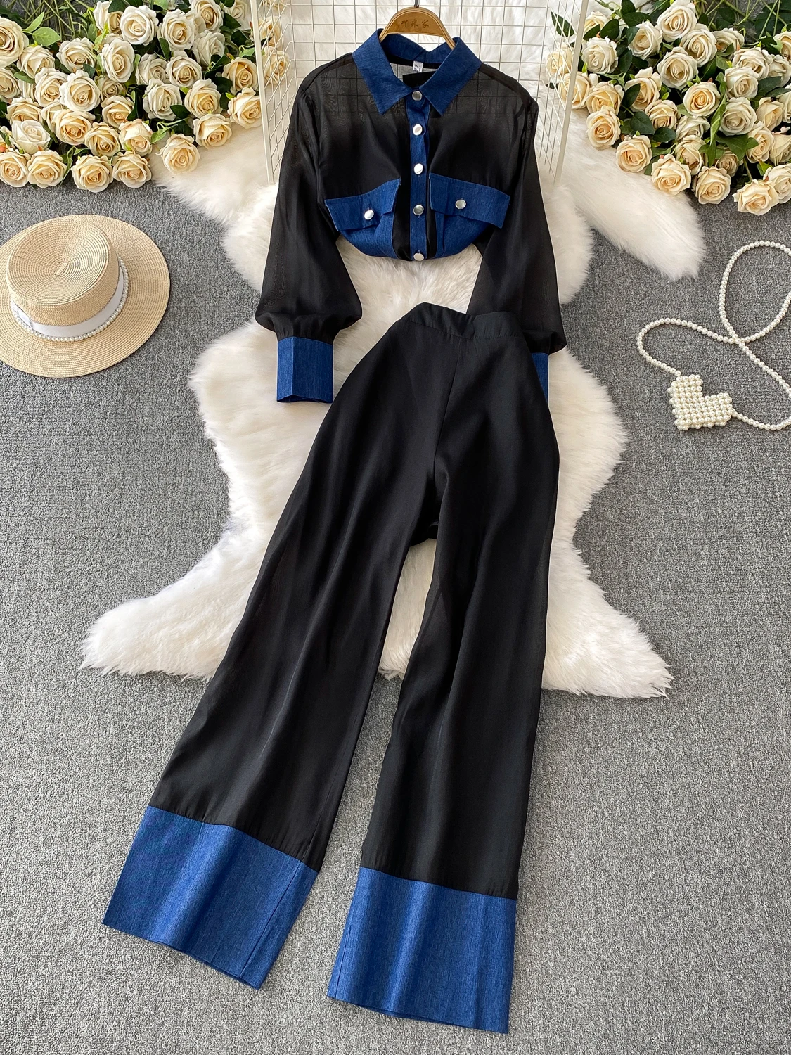 

SuperAen Denim Patchwork Polo Collar Lantern Sleeve Women's Thin Mesh Top High-waisted Wide-leg Pants Two Pieces Sets
