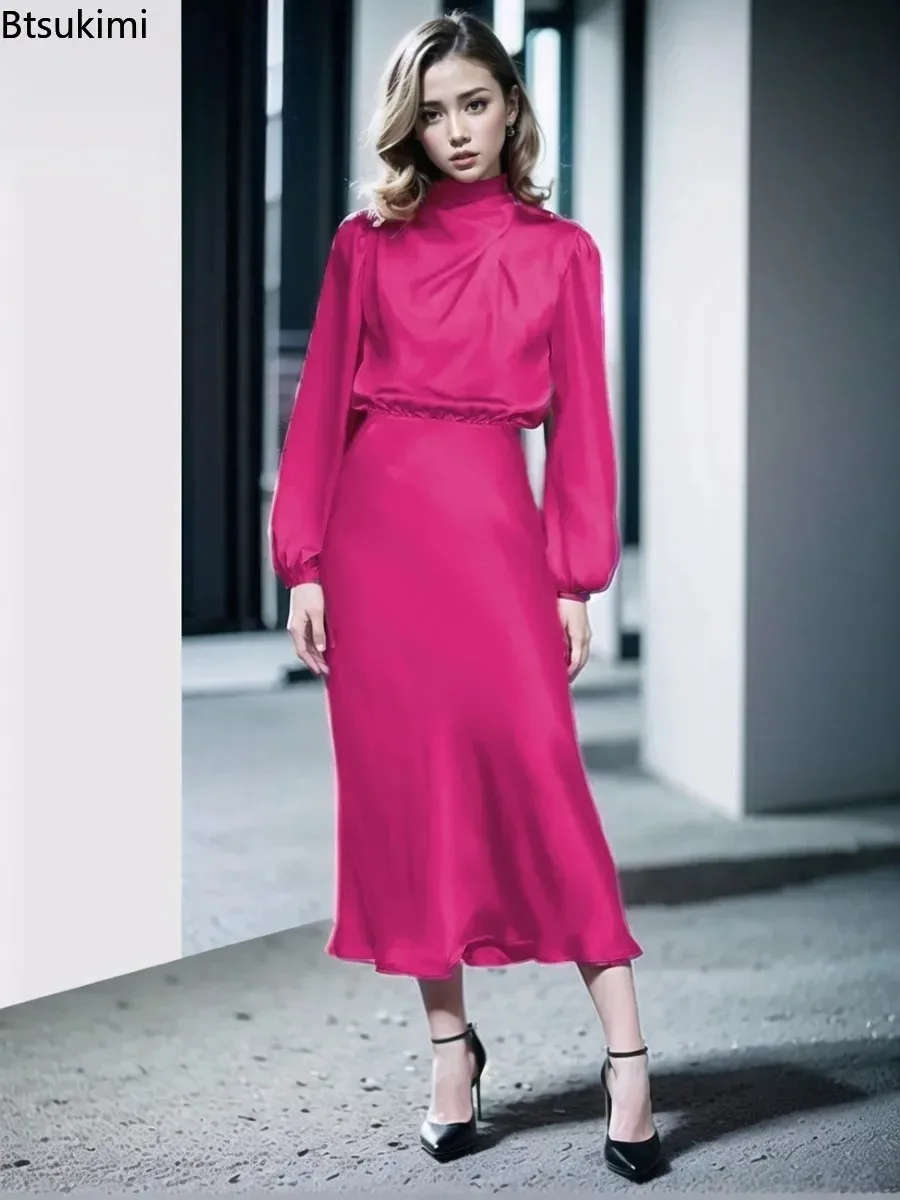 Eleganckie damskie ubrania 2025, wysokiej jakości satynowe sukienki maxi z długim rękawem i golfem, sukienki koktajlowe na przyjęcia i wieczorne wyjścia.