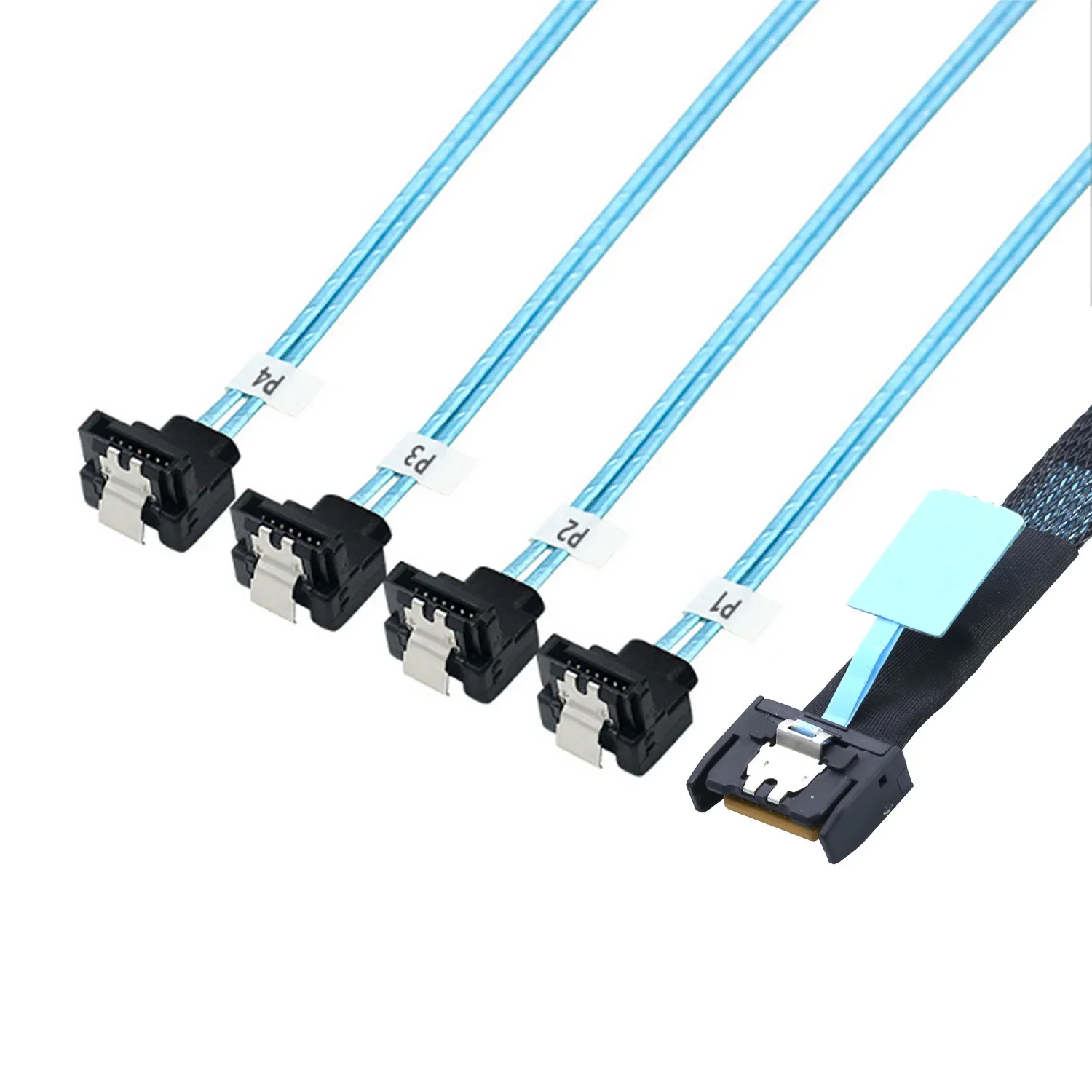 

Internal PCIE Slimline Mini SAS MCIO SFF-8654 4I 38P to 4X SATA 90 degree Hard Drive Cable