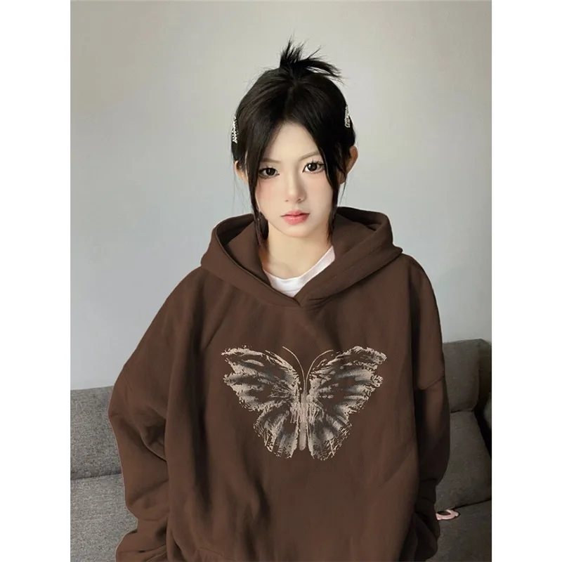 Murad Wear Premium Hooded Sweatshirt Women Warm Padded Petite Oversize Tops Butterfly Print Hooded Sweatshirt