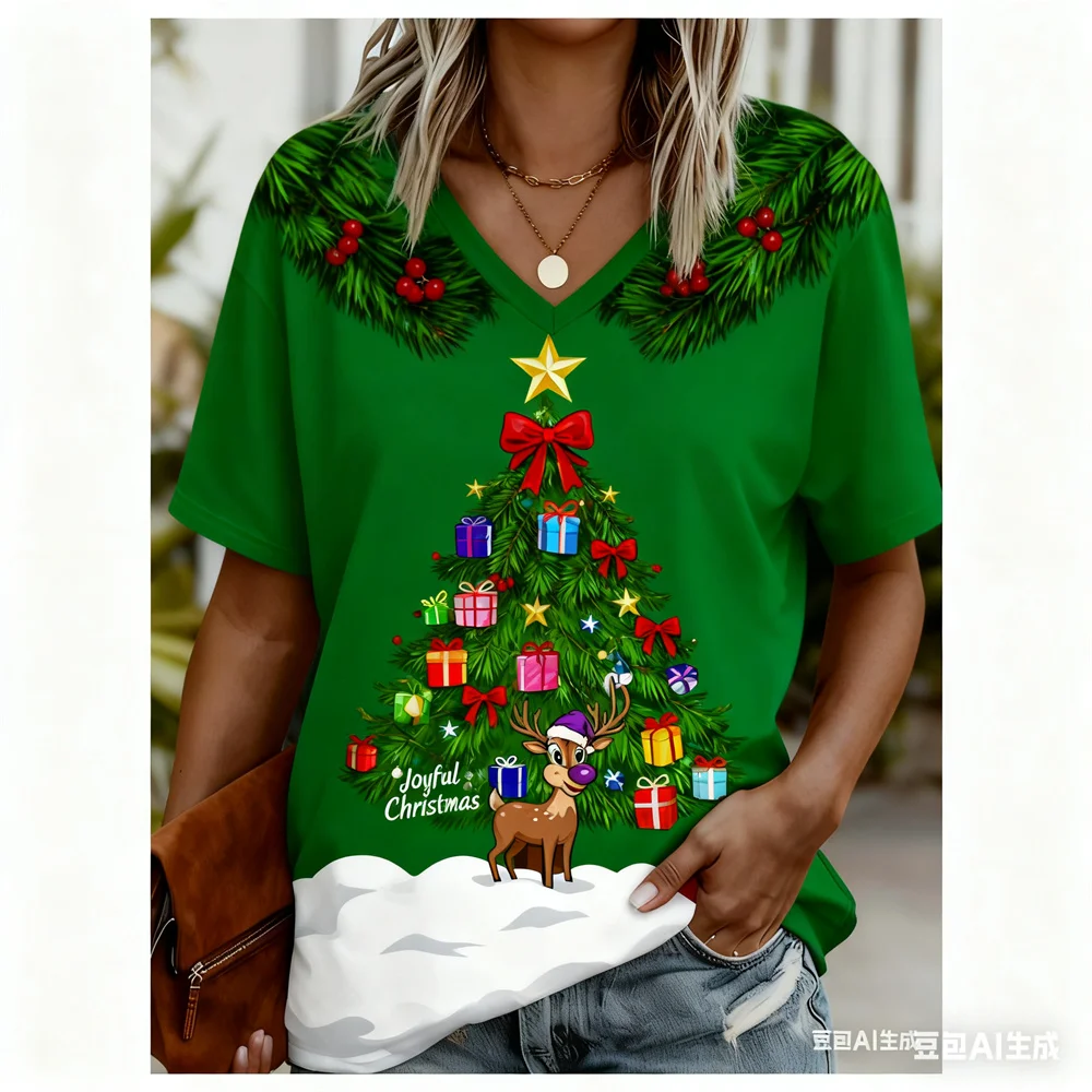 عيد الميلاد المرأة تي شيرت ثلاثية الأبعاد الأيائل نمط طباعة الخامس الرقبة الجرافيك تي شيرت سريعة الجافة عيد الميلاد قمم تي شيرت للمرأة y2k الملابس