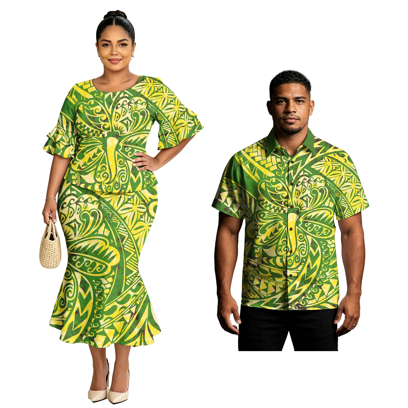 Classic Coconut Button Design Men's Aloha Shirt Cascading Petal Sleeve Women Samoan Puletasi Party Prom Matching Couple Outfits
