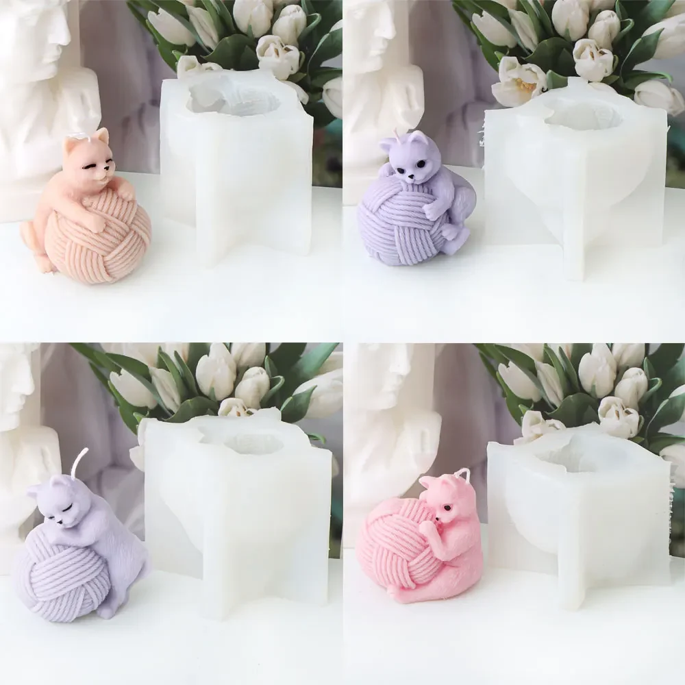 Woolen Ball Sleeping Kitten Painting Plaster Molds Relief Wool Ball Cat Candle Making Baby Room Decor DIY Animal Chocolate Gifts