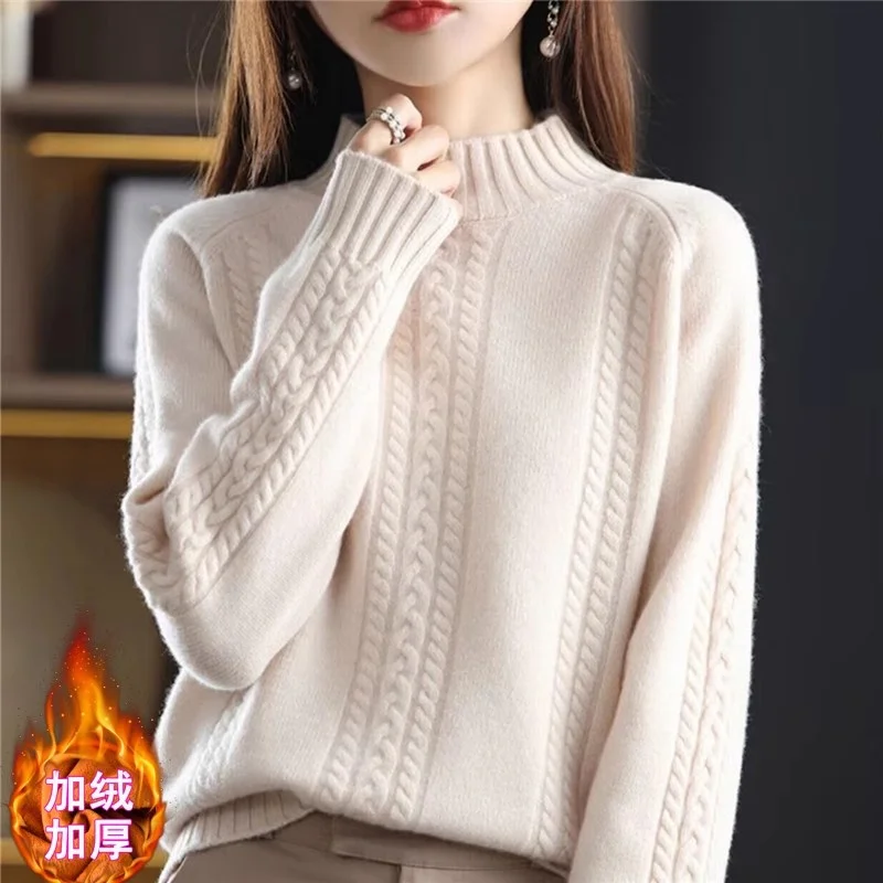 

Women's Autumn Winter Cable Knit Sweater | Plush Thickened Pullover with Half High Neck | Wool Blend Thermal Top New Design G210