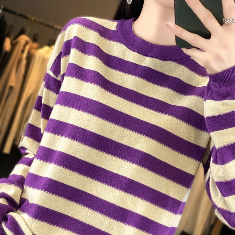 Joker basique rayé col rond pull 2025 nouveau pull femme automne hiver tricoté chemise paresseux vent Simple hauts