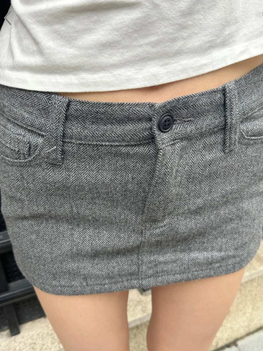 

Women's Gray Pocket A-line Mini Skirt Autumn New Vintage Chic Low Waist Short Skirts Streetwear Fashion Casual Straight Faldas