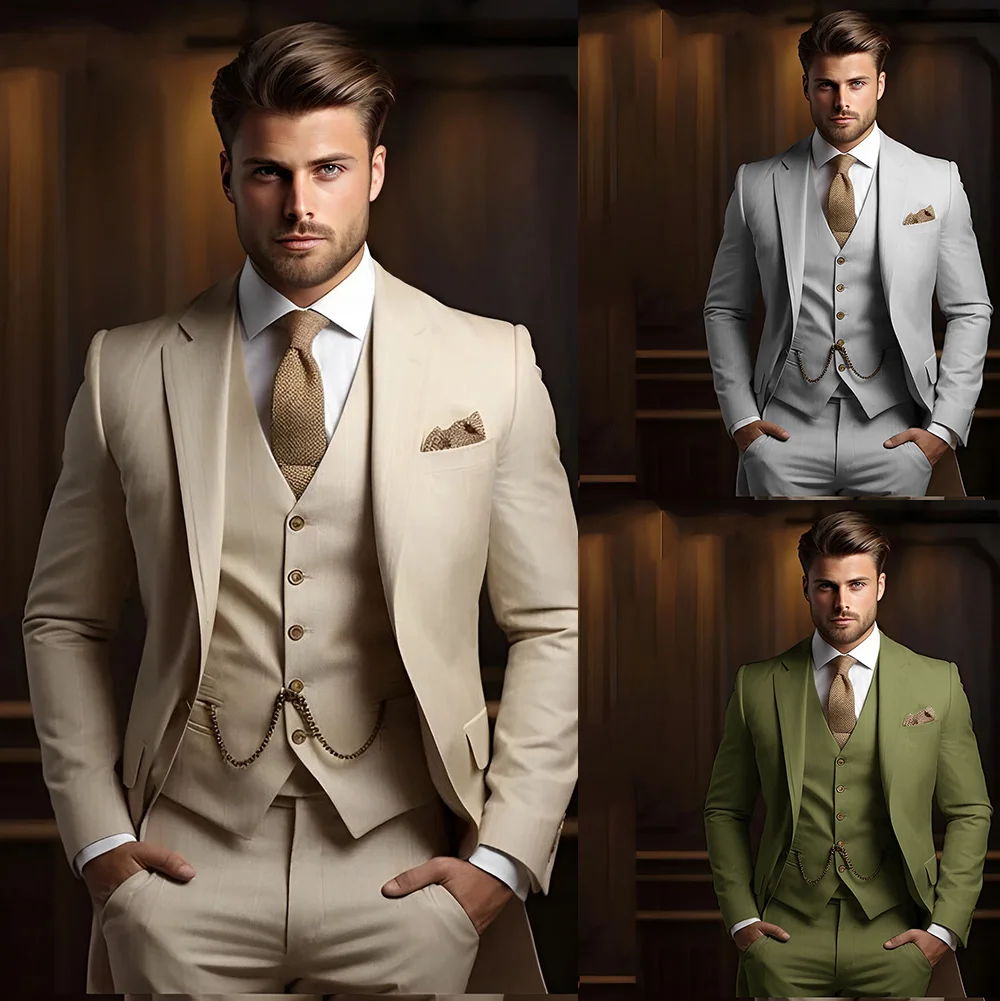 

Khaki Men's Suit 3 Piece Suit Wedding Groom Tuxedo Formal Jacket Pants Vest XS-5XL Custom Outfit for Men