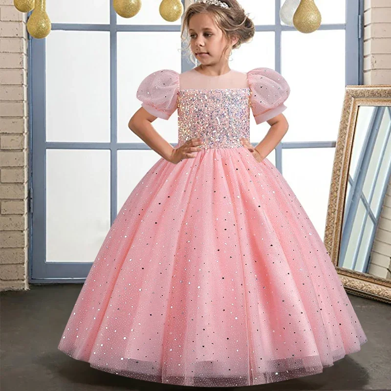 

New Girls' Clothing Princess Bubble Sleeve Sequins Poached Dress Girls' Banquet Piano Performance Dress White Girls' Long Dress