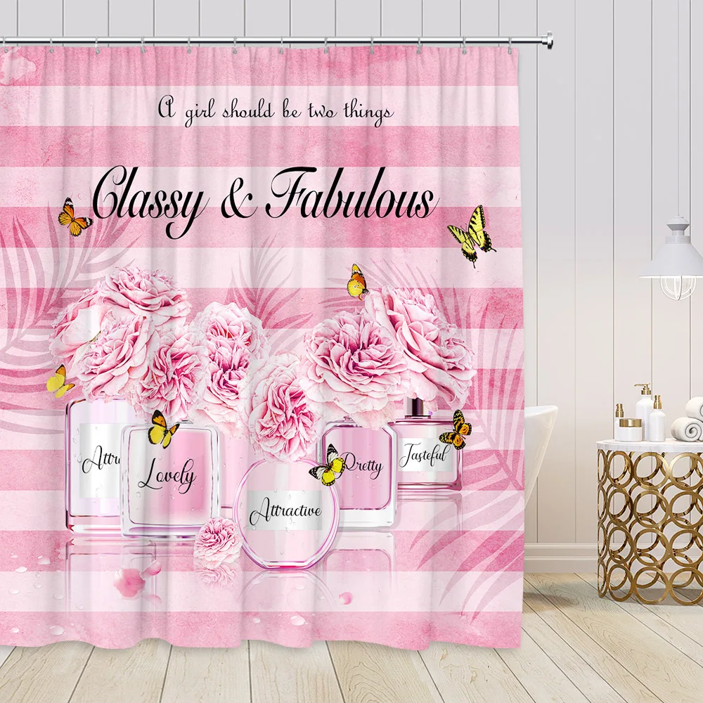 Pink Perfume Shower Curtains Cosmetics High Heels Flowers Black White Stripes Bathroom Decor Girl Fashion Vintage Bath Curtain