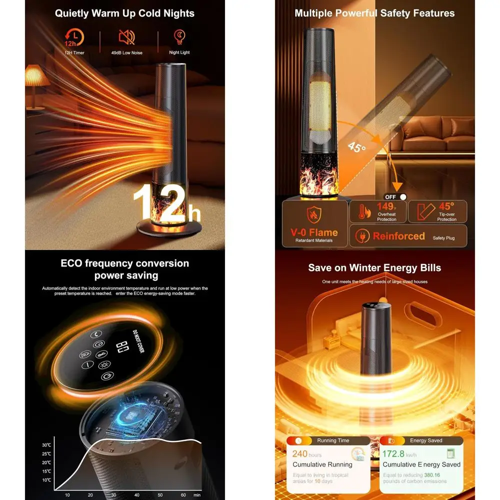 

1500W Ceramic PTC Heater with Remote, Oscillating, 1-12H Timer, Portable Safe Tower Heater for Home and Office