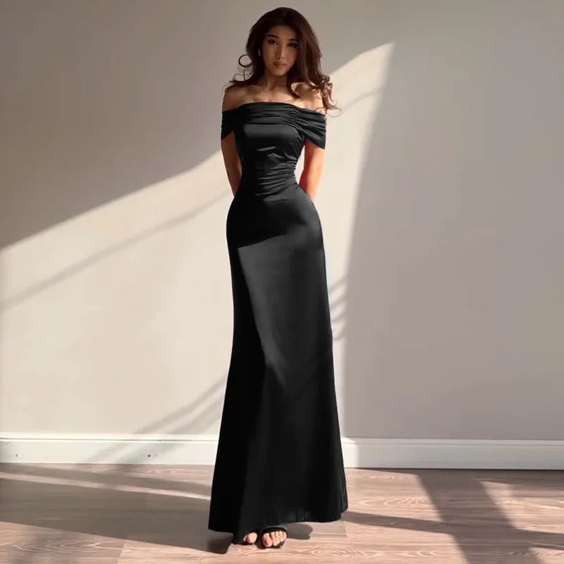 Retro fora do ombro painel design volta bandagem cetim amarelo a linha saia de luxo magro dobras vestido longo festa de formatura vestidos robe