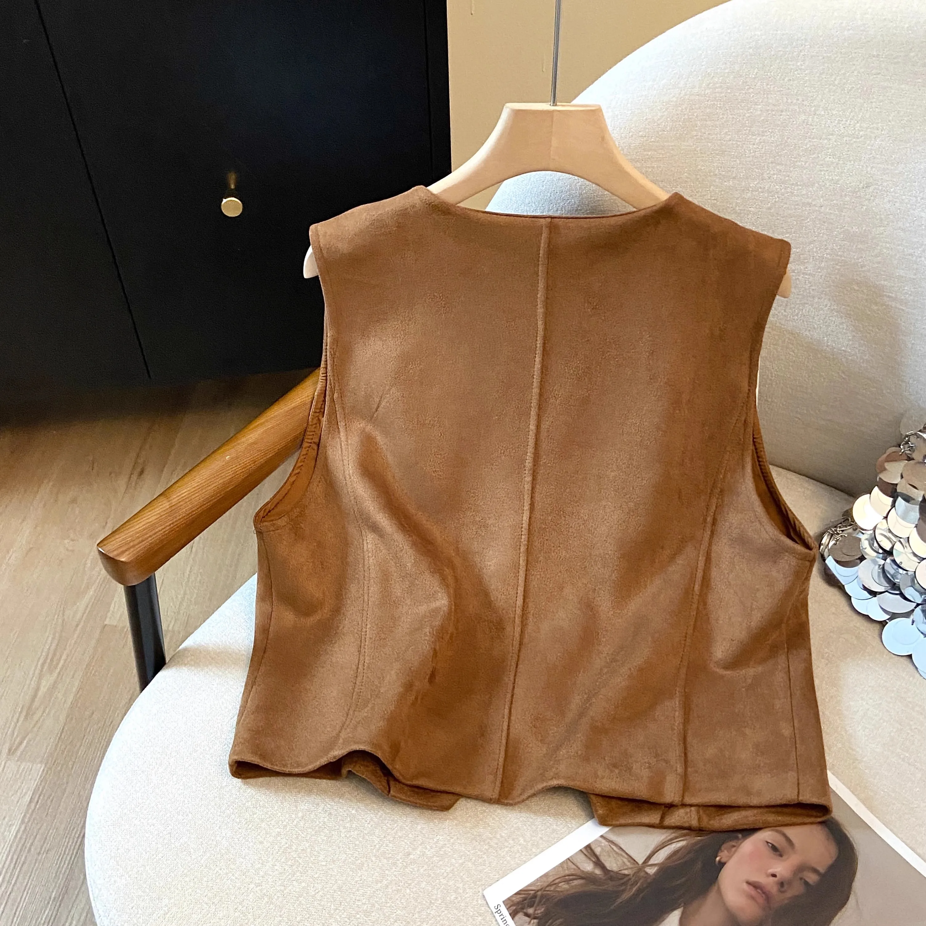 Chaleco de Mujer Estilo Urbano, Vintage, Marrón, Tejido, Bordado, con Remaches, Estilo Viajero, Cárdigan Abierto, Informal, Elegante