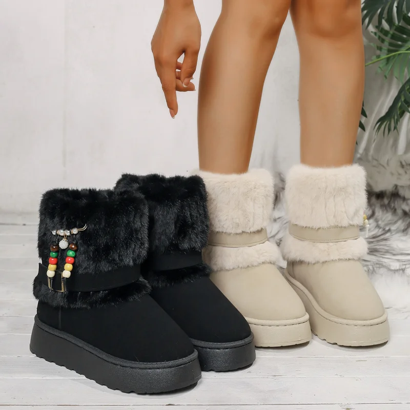 

2025Fleece-Lined Cotton Shoes New Snow Boots for Women Slip-On High Heel Korean Style Height-Increasing Snow Boots