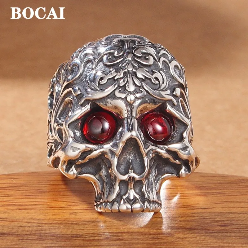 

BOCAI New Real S925 Silver Jewelry Trendy Tangcao Pattern Hip-Hop Motorcycle Heavy Industry Exaggerated Skeleton Man Ring