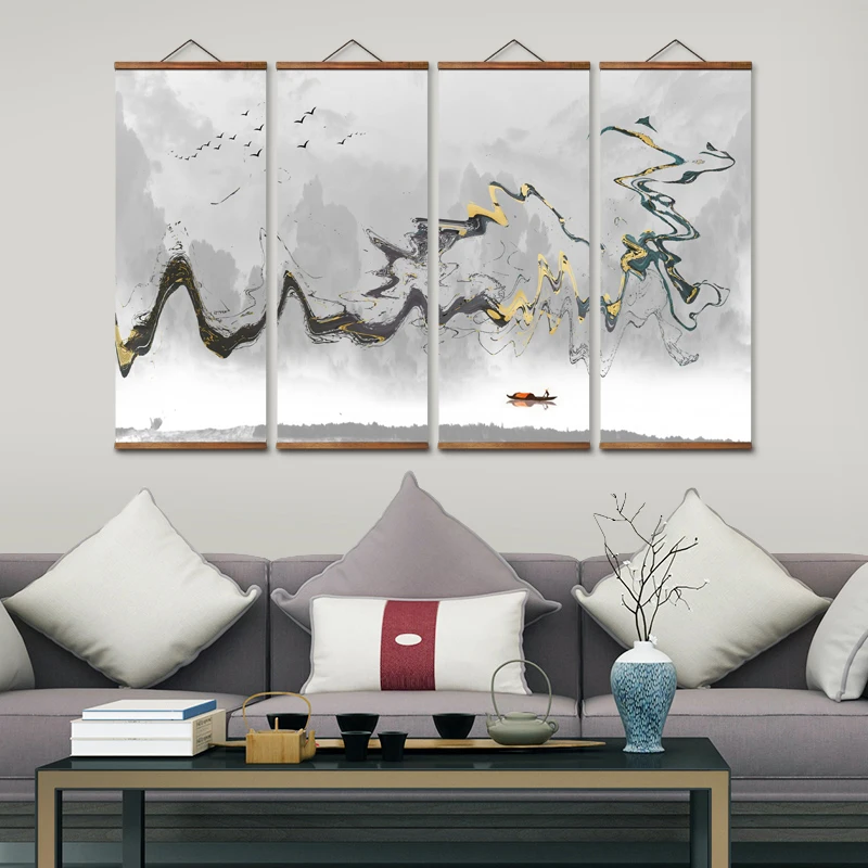 MT0053 Chinese Style Rolling Peaks Swallows Landscape Decorative Wall Art Canvas Posters Solid Wood Scroll Paintings