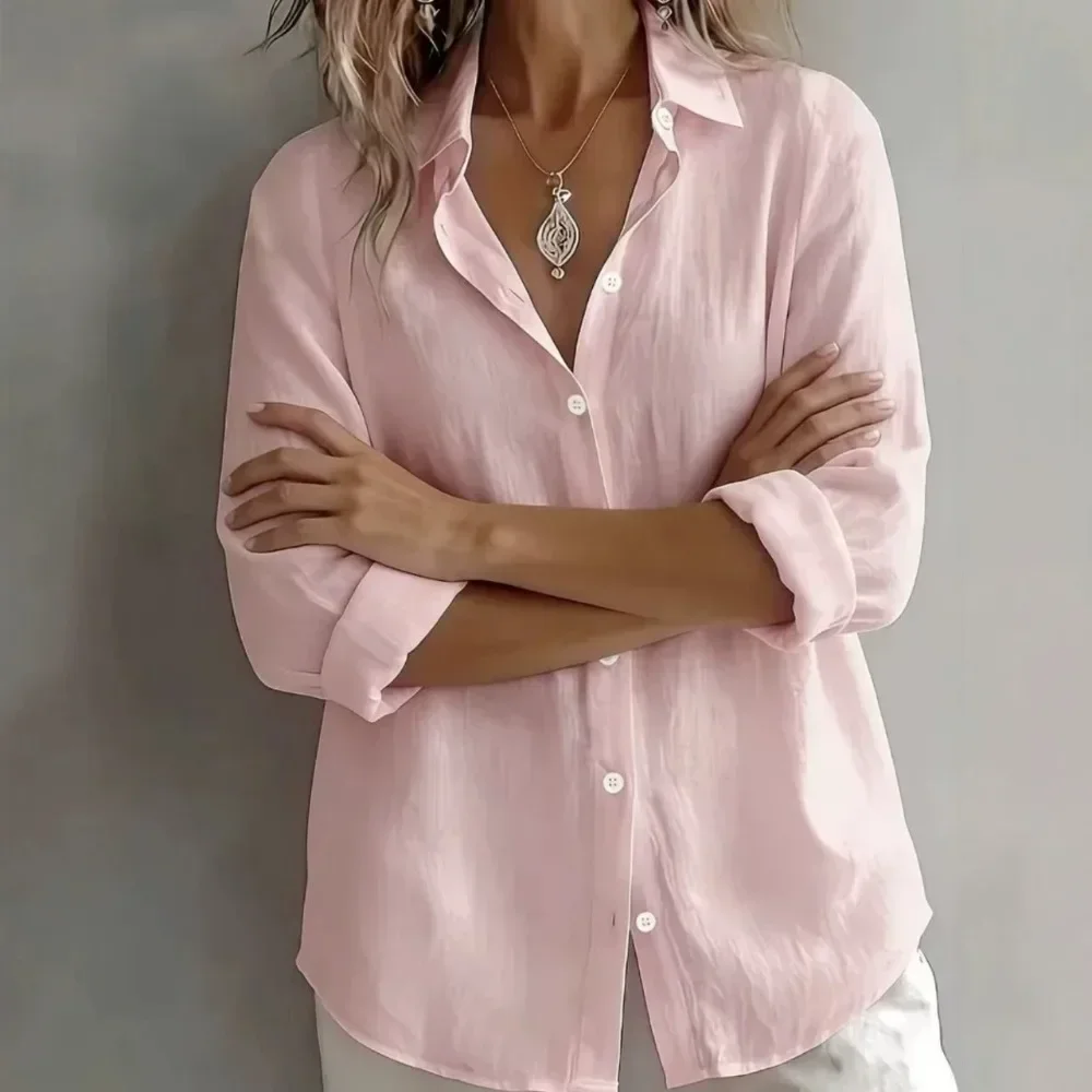 Women Solid Linen Lapel Long Sleeve Shirt Hot Selling European Style Spring New Casual Ladies Blouse Daily Streetwear Chic