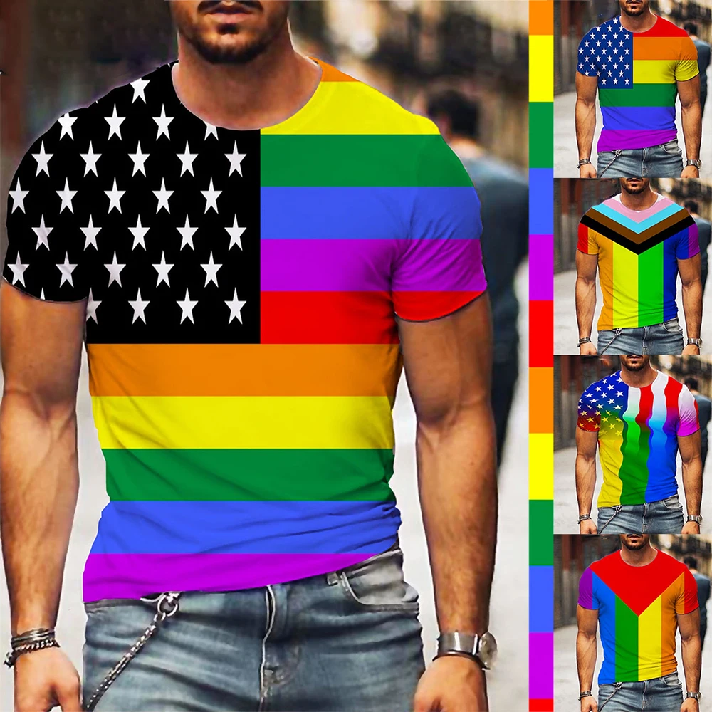 Latest Fashion LGBT Flag Street Personality Dopamine Rainbow Flag Gay and Lesbian Special Printed T-shirt