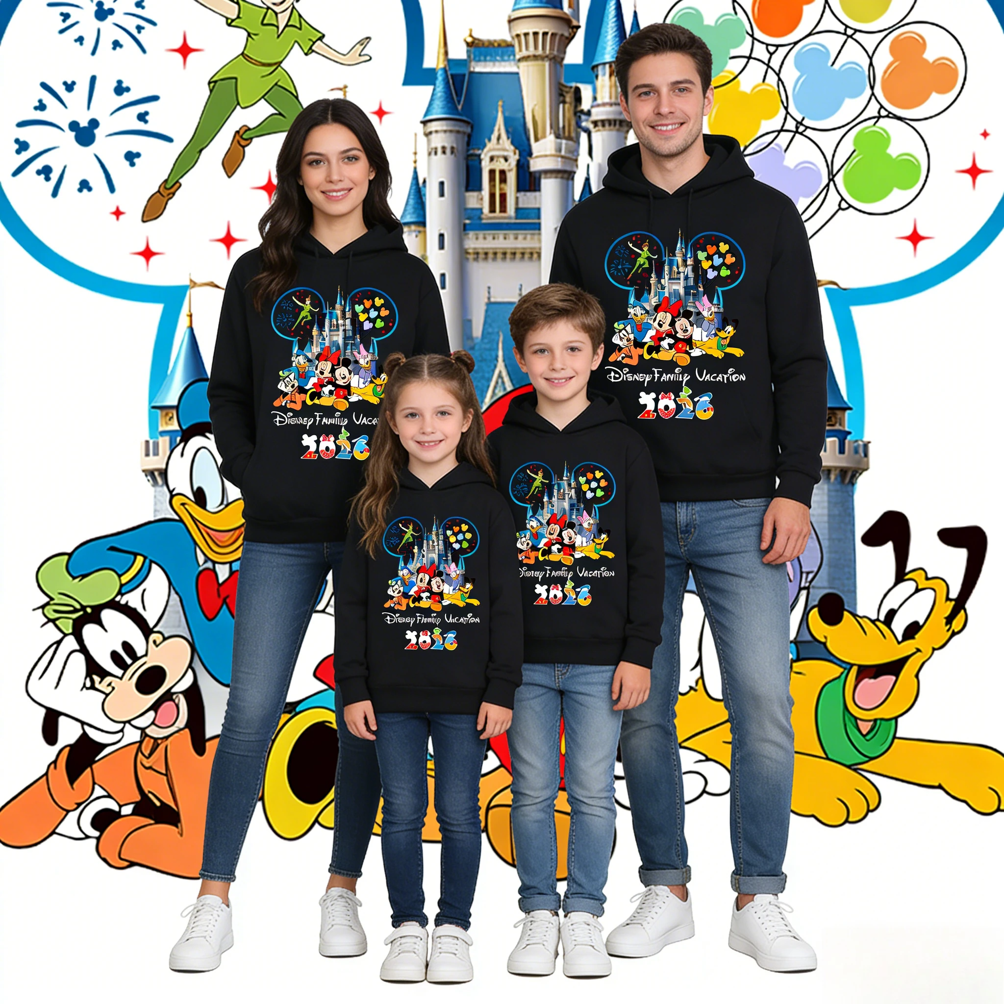 

Осенне-зимние семейные худи 2026 года, толстовки с капюшоном из чистого хлопка, унисекс, с принтом «Замок и друзья» для семейного отдыха