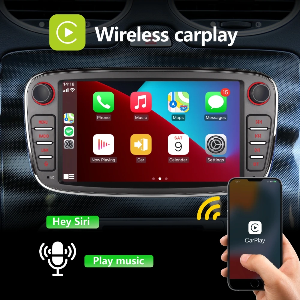 Car Radio with Wireless Carplay Android Auto for Ford Focus S-MAX C-MAX KUGA with 7\