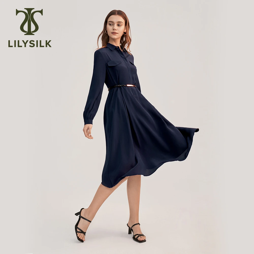 

LILYSILK Женское изящное шелковое платье в стиле ретро с длинными рукавами и свободным регулируемым поясом с металлической пряжкой