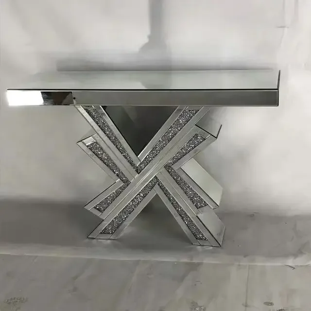 2022 new modern simple silver mirror glass furniture rhinestone entrance table control table