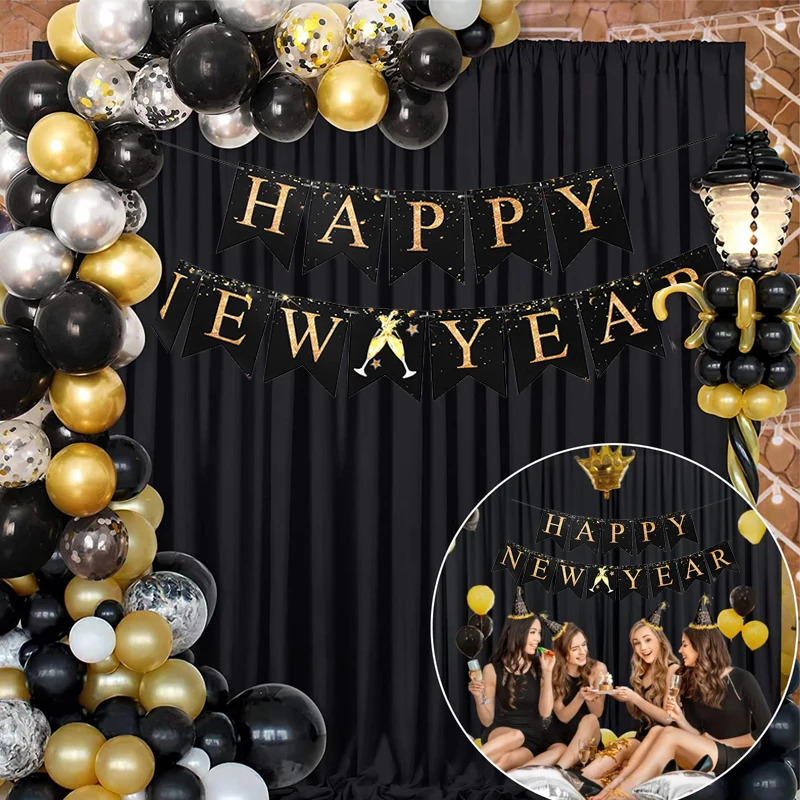 1 مجموعة 2026 سنة جديدة سعيدة لافتات بريق الذهب الأسود ورقة راية عيد الميلاد عشية حفلة الرايات عيد الميلاد جارلاند ديكورات المنزل المورد