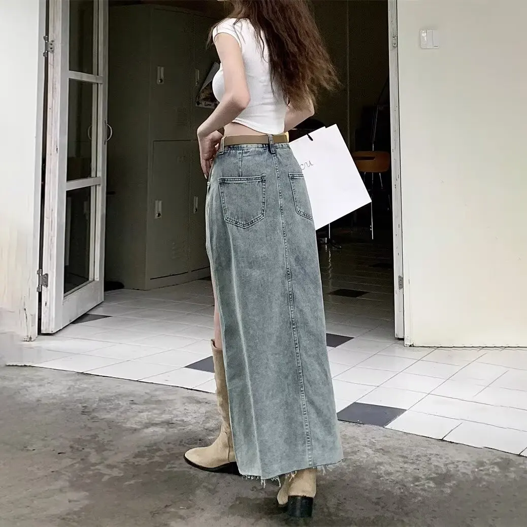 Jupe en jean irrégulière déchirée d'été pour femmes, nouvelle jupe mi-longue fendue rétro, taille haute, grande taille, vêtements féminins, Style de rue