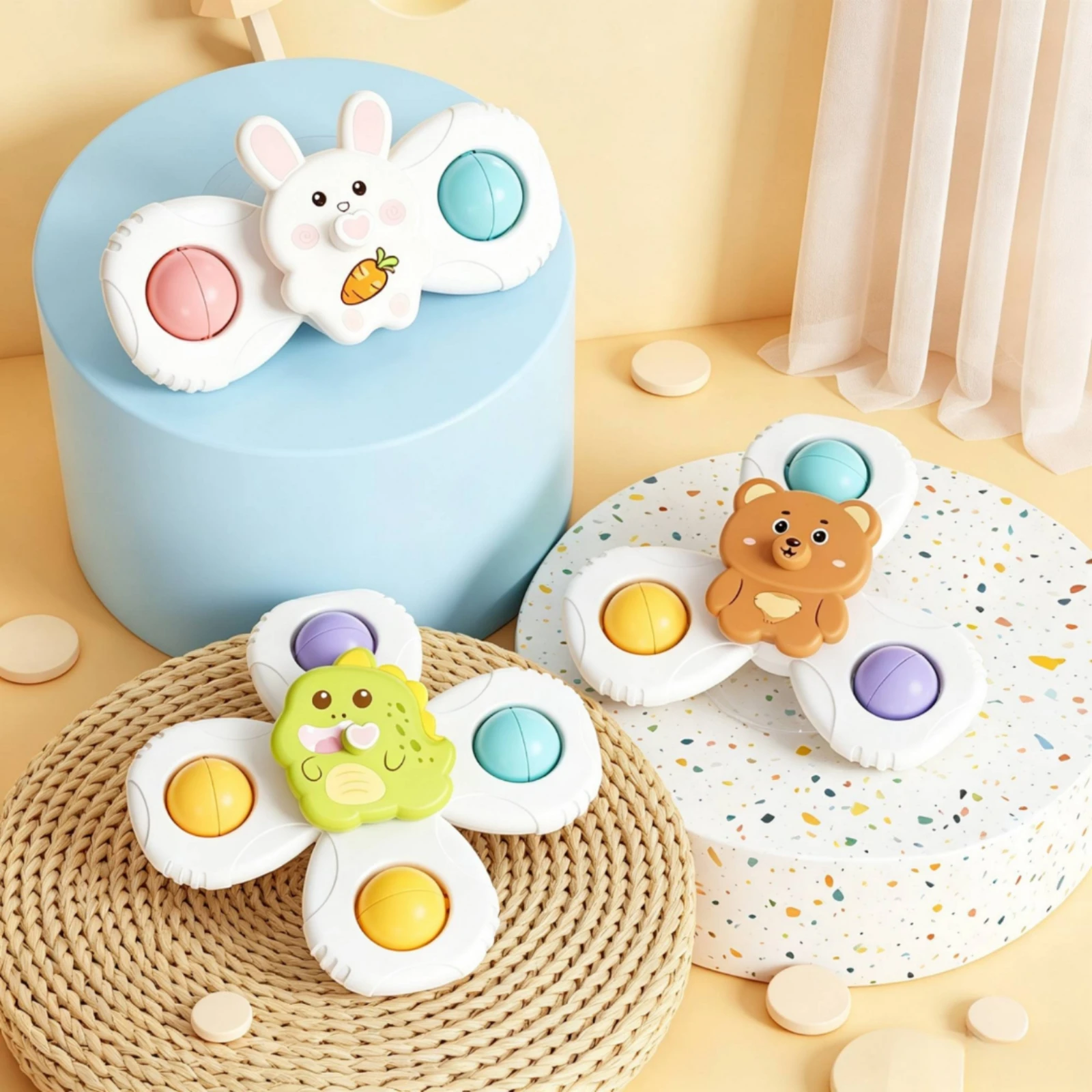 3ピース吸盤回転おもちゃ-動物テーマの吸盤スピナーおもちゃ-幼児用、お風呂時間、浴槽用
