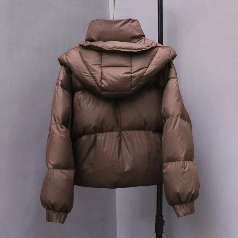 المرأة الشتاء القطن وسادة مبطنة عارضة مقنعين رشاقته جيب أسفل معطف فضفاض سستة أزرار قصيرة بسيطة الدافئة سترة معطف #4