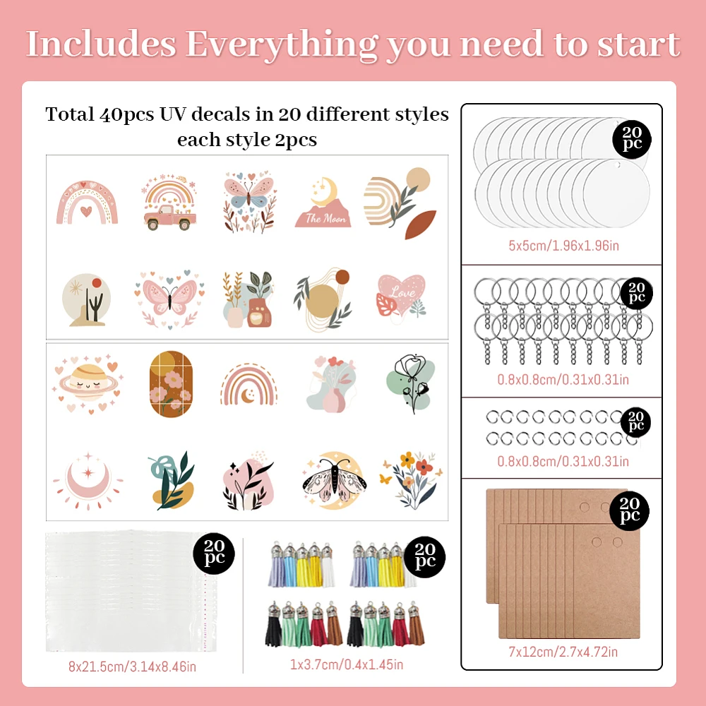 160 Pcs DIY Acrylic Keychain Making Accessories Clear Acrylic Blanks Book Pattern Transfer Stickers Keychain Display Cards