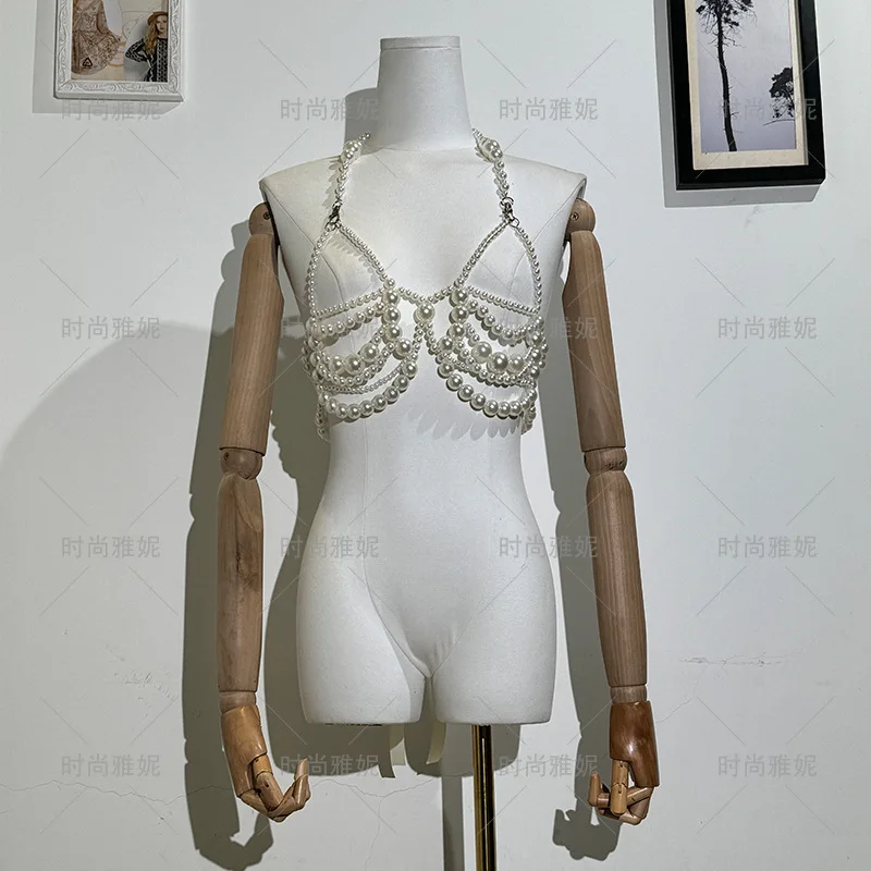 

Niche Handmade White Bra Strap Strapless Music Festival Versatile Suspender Sexy Pearl Handmade Sexy Bead Top