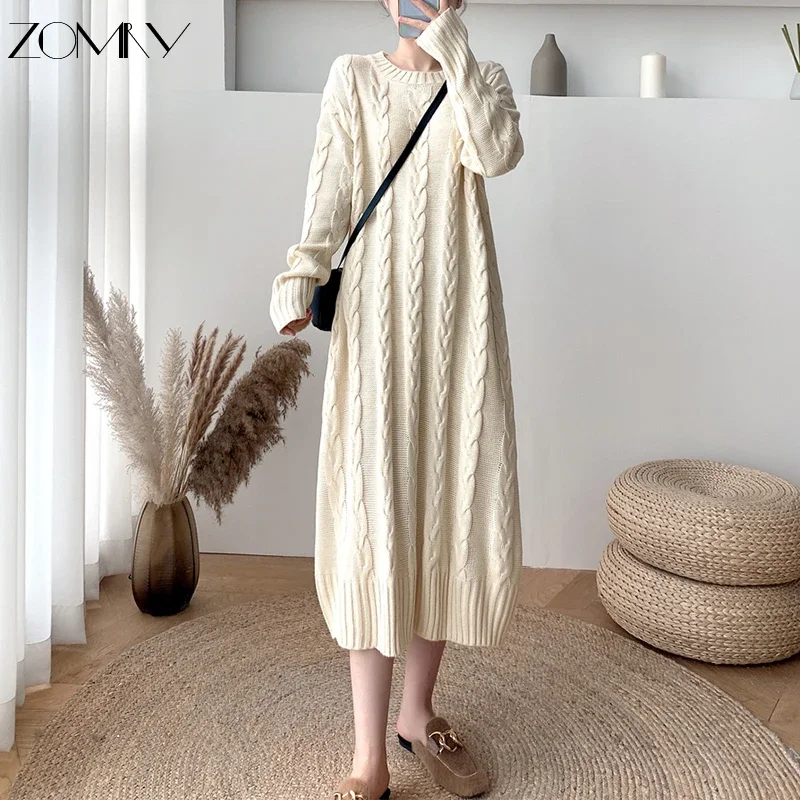 ZOMRY Autumn Winter New Twist Knitting Sweater Dress Korean Solid Color O-neck Loose Casual Fashion Warm Clothing Plus Size M XL