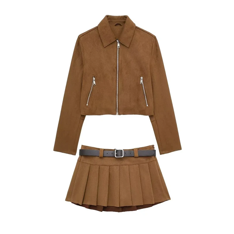 

Zipper Short Jacket Oblique Zipper Deerskin Velvet Jacket Mini Skirt Set Western Style Autumn Tops Fashion Bottoms with Belt