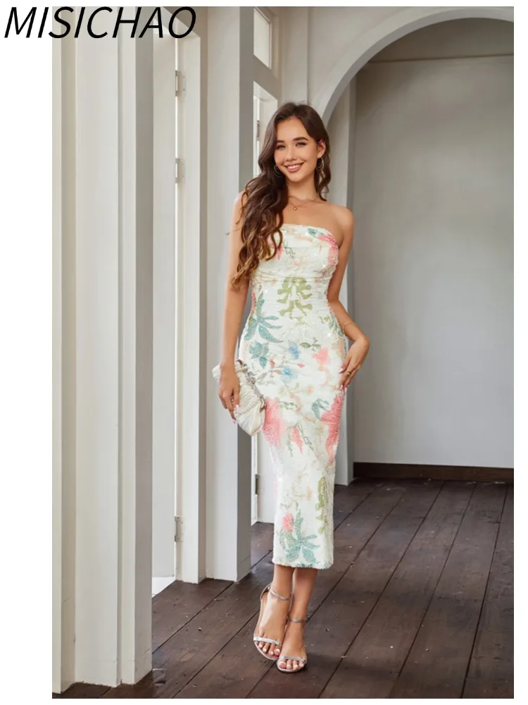 

MISICHAO 2025 Новое поступление женское вечернее платье сексуальное облегающее платье-бандо с блестками и цветочным принтом с высокой талией облегающее платье миди