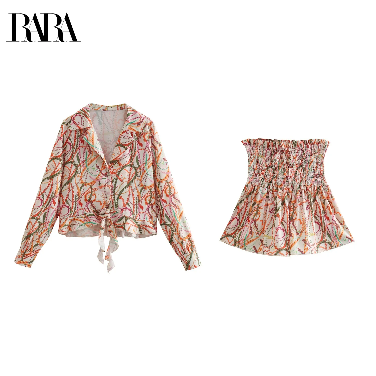 

RARA2025 Fashion Casual Knotted Printed Short Shirt Top With Gathered Short Skirt Pants Summer New Arrival Women's Suit