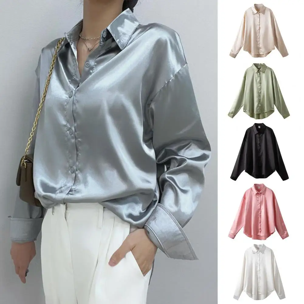 Satin Women Shirt Lapel Single-breasted Loose Elegant Shirts Draped Sense Long Sleeve Shirt Blouse