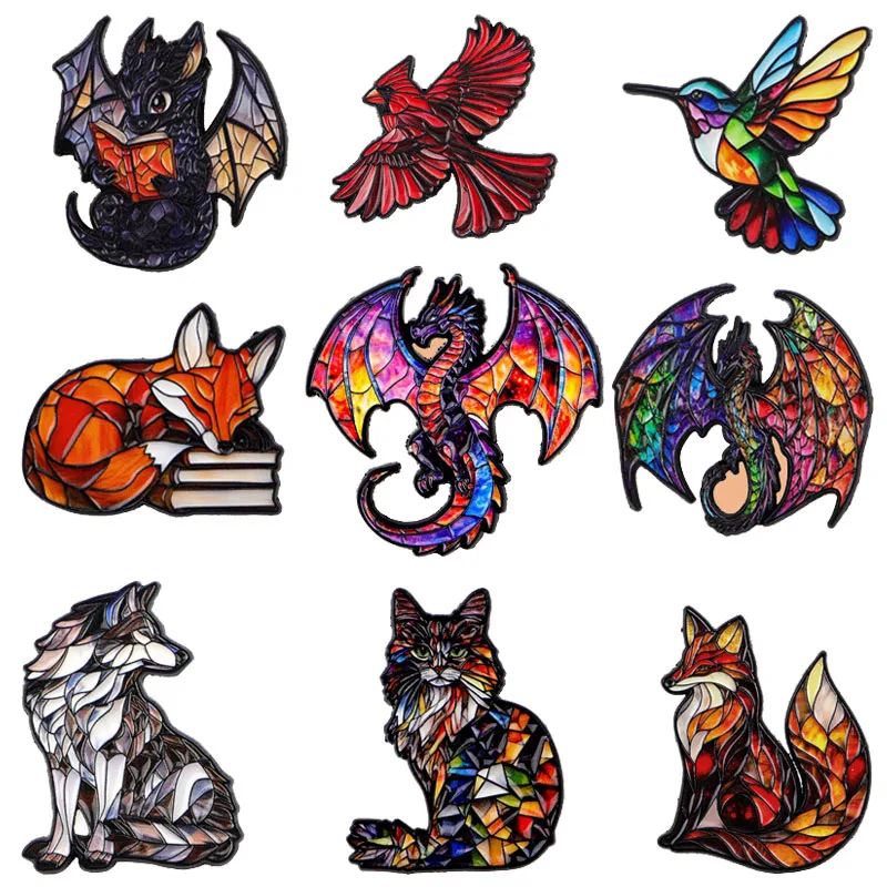 Creative Color Window Animals Colorful Cats Fox Funny Brooch Pines Lapel Pins Badge on Backpack Clothing Accessories Animal Gift